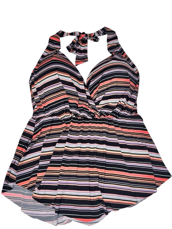 None Other - Striped Halter Swimdress in Coral, black & purple